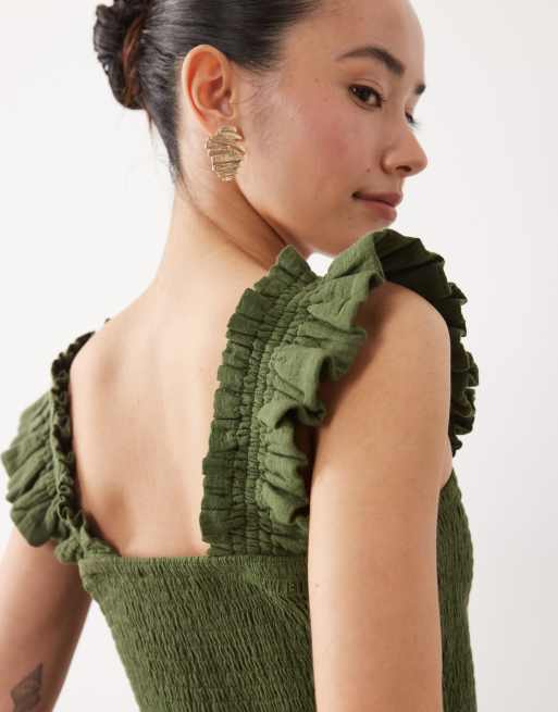 Nobody's Child Petite - Maya - Tuta jumpsuit in cotone verde con scollo squadrato e volant, 2 di 4