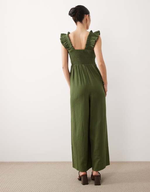 Nobody's Child Petite - Maya - Tuta jumpsuit in cotone verde con scollo squadrato e volant, 4 di 4