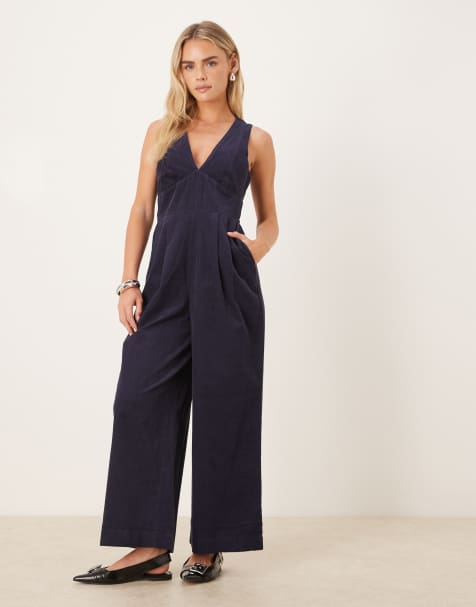 Nobody's Child Petite - Mouwloze corduroy jumpsuit van puur katoen met V-hals in marineblauw - view 1