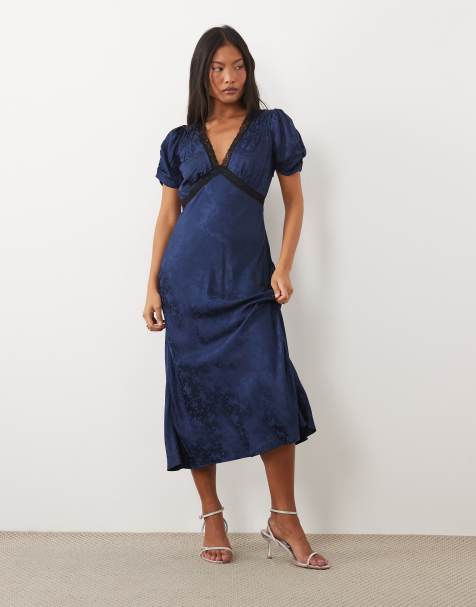 Nobody's Child Petite Nicolette satin jacquard lace detail plunge neck cap sleeve midi dress in navy