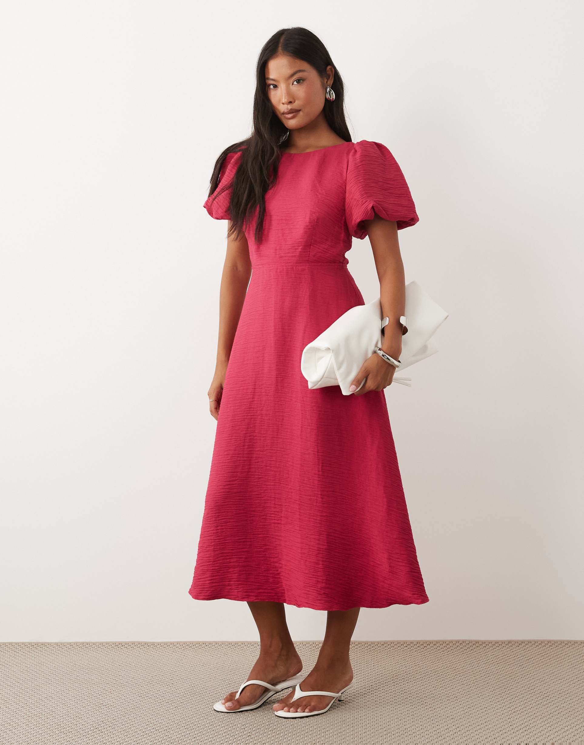 nobody's child petite occasion zola bow back detail puff sleeve midaxi dress in raspberry