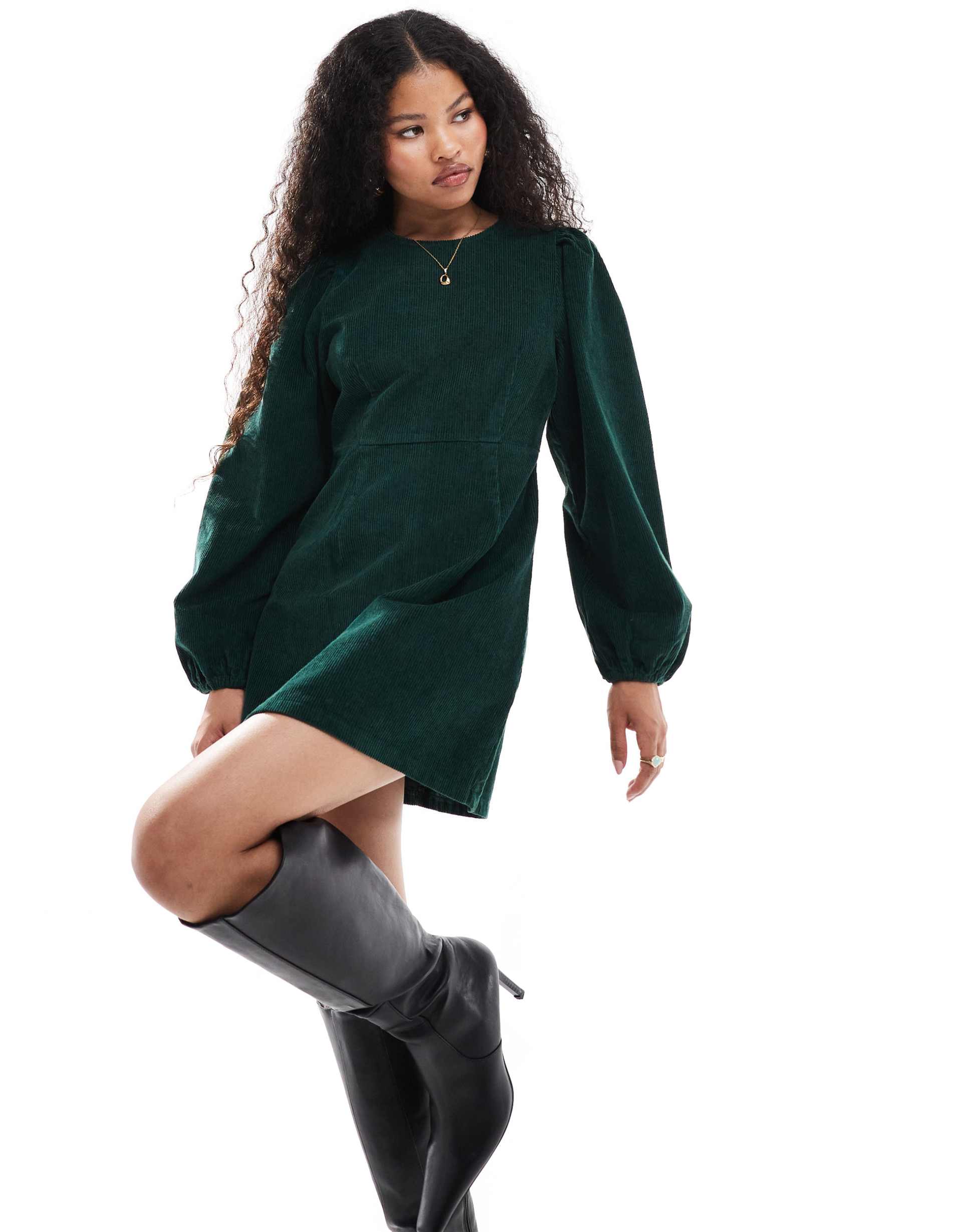 nobody's child petite patras corduroy mini dress with balloon sleeves in forest green