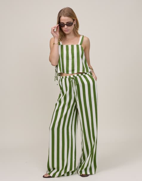 Nobody's Child Petite pillar linen mix tie side top in bold green stripes - part of a set - view 1