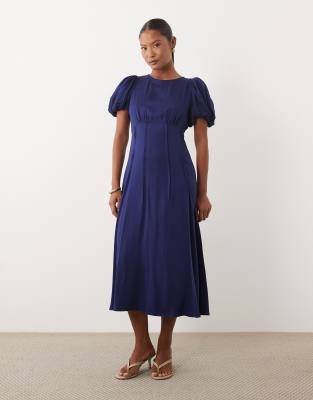 Nobody's Child Petite Quinn Satin Puff Sleeve Midi Day Dress In Blue