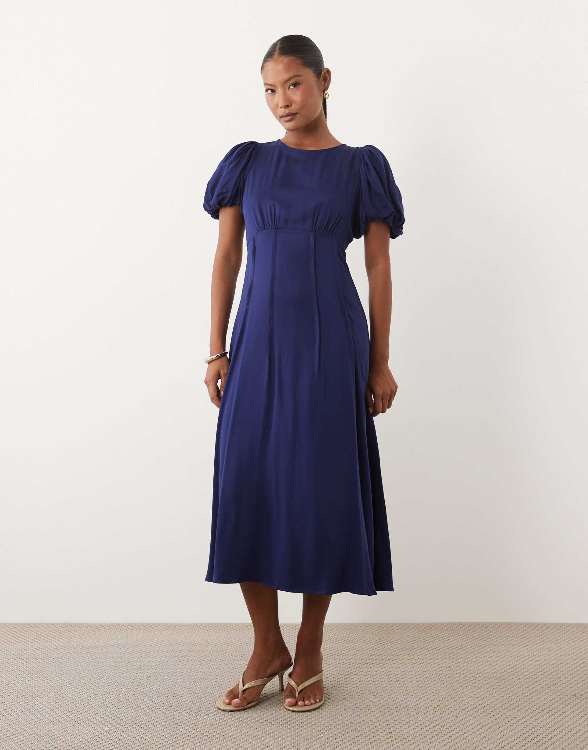 nobody's child petite quinn satin puff sleeve midi day dress in blue