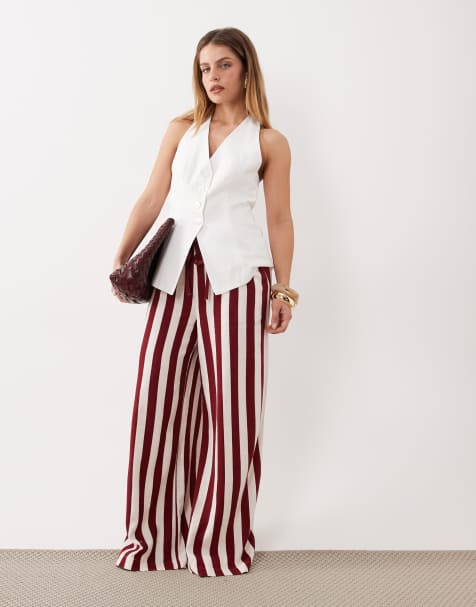 Nobody's Child Petite Reese linen blend drawstring wide leg pants in bold red stripe - view 1