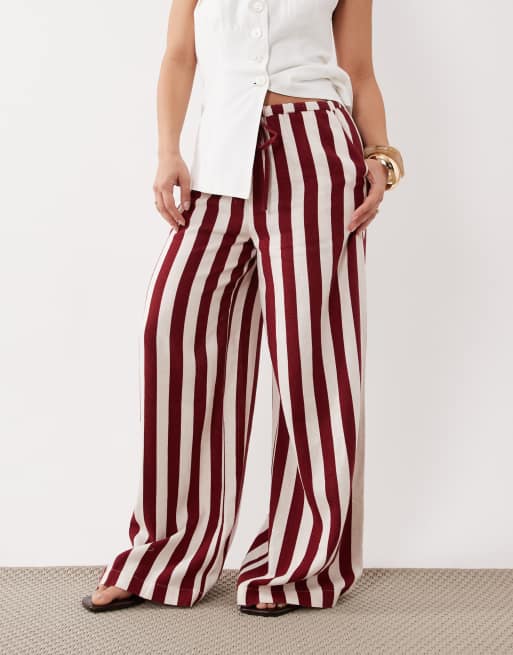 Nobody's Child Petite Reese linen blend drawstring wide leg pants in bold red stripe, 2 of 5