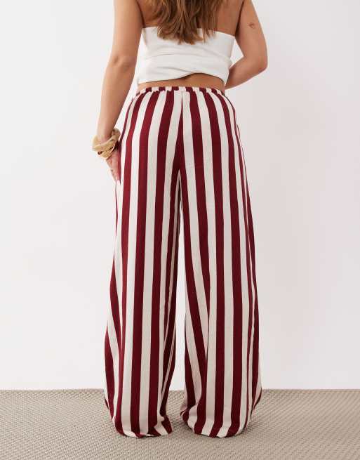 Nobody's Child Petite Reese linen blend drawstring wide leg pants in bold red stripe, 3 of 5