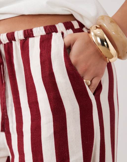 Nobody's Child Petite Reese linen blend drawstring wide leg pants in bold red stripe, 5 of 5