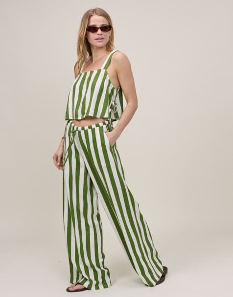 Nobody's Child Petite Reese linen mix wide leg pants in bold green stripe (part of a set) - view 1