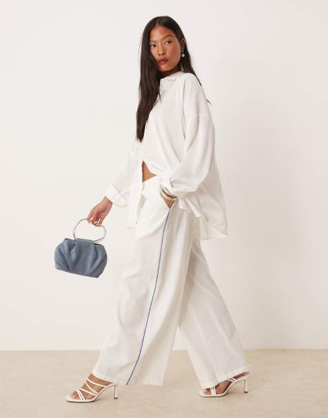 Nobody's Child Petite Reese wide leg trousers in white with blue side stripe