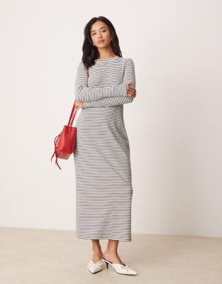 ribbed column maxi dress in black and white stripe-Multi