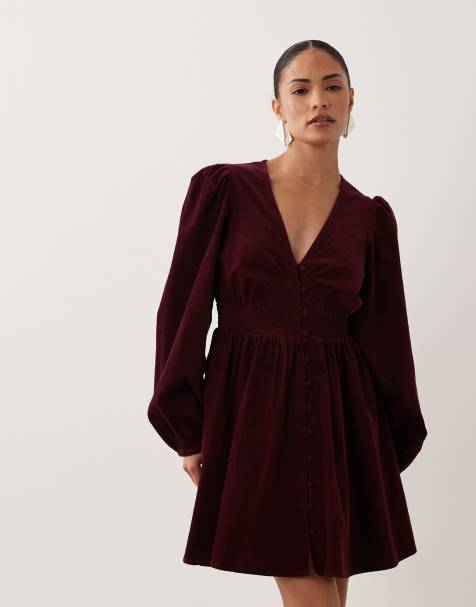 Nobody's Child Petite Riley cotton cord v neck balloon sleeve mini dress in burgundy - view 1