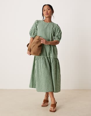 Rochelle tiered midi smock dress in green gingham