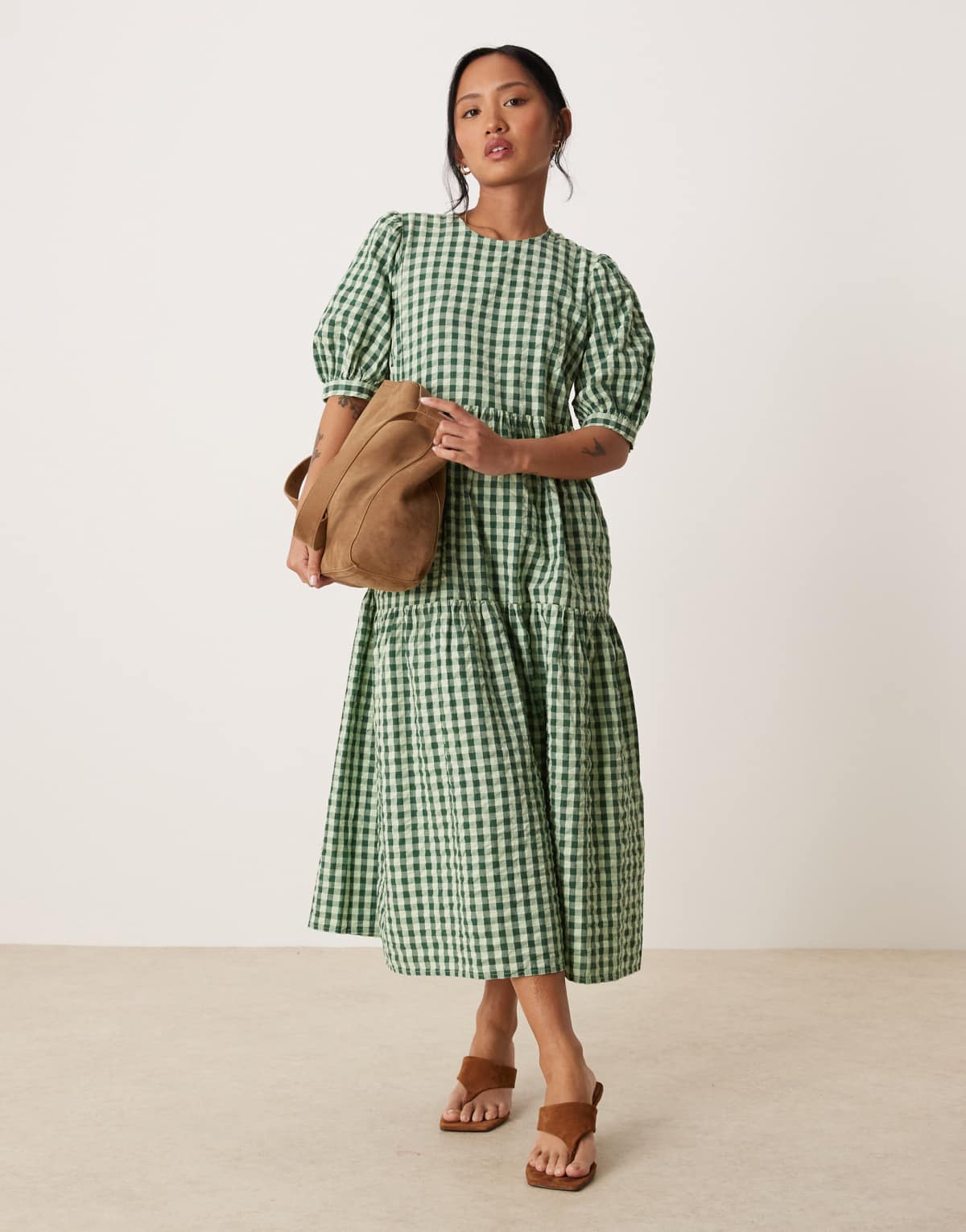 Nobody's Child Petite Rochelle tiered midi smock dress in green gingham