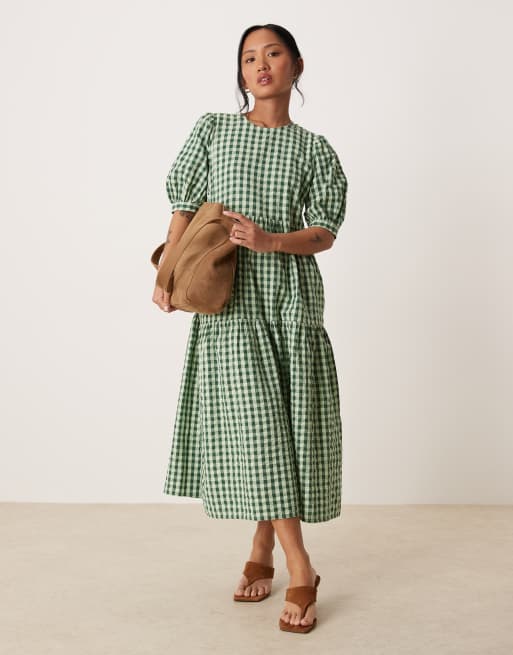Nobody's Child Petite Rochelle tiered midi smock dress in green gingham