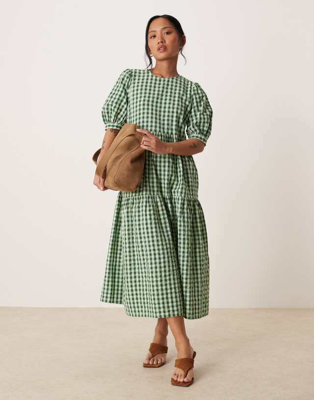 green gingham smock dress Nobody's Child Petite Rochelle tiered midi in Maxi dress