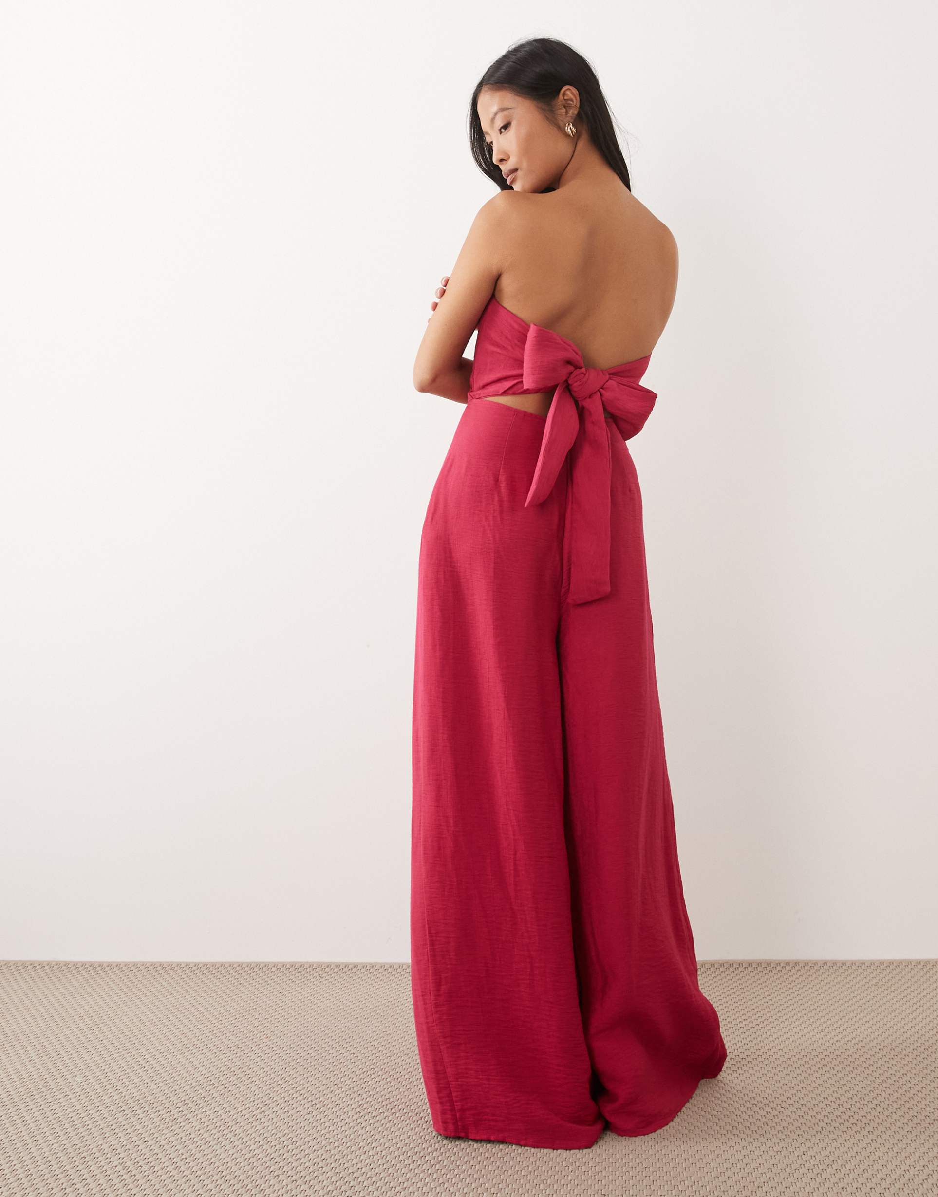 nobody's child petite rory linen mix tailored bandeau jumpsuit in dark pink