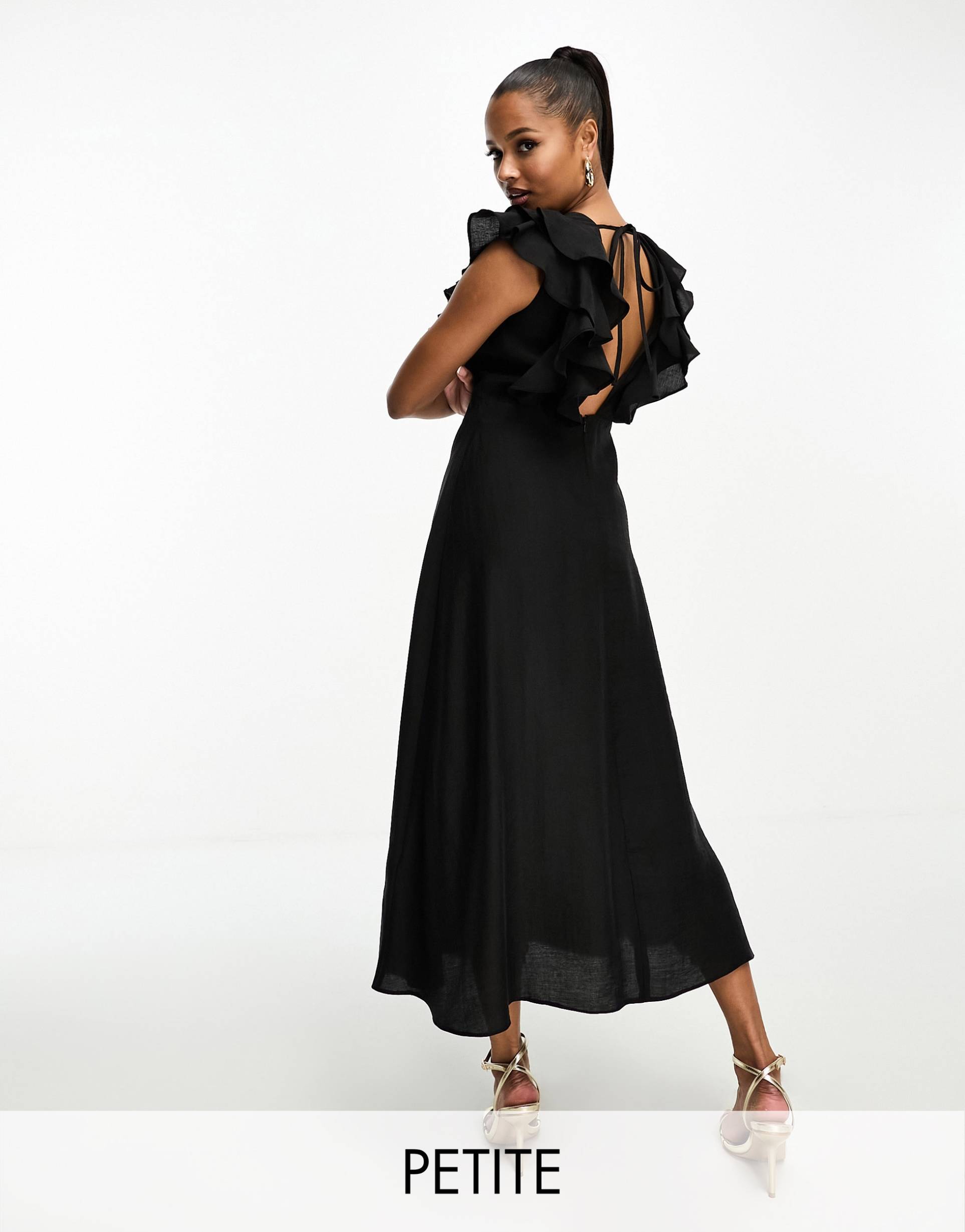 nobody's child petite ruffle midi dress in black