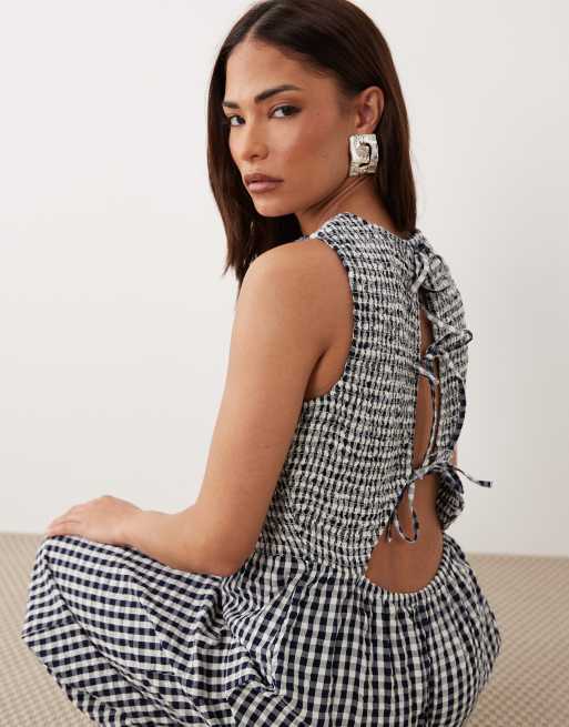 Nobody's Child Petite Ruth cotton shirred bodice open back jumpsuit in black gingham, 2 of 4