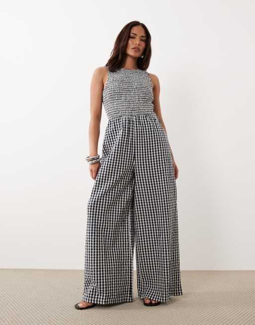 Nobody's Child Petite Ruth cotton shirred bodice open back jumpsuit in black gingham, 4 of 4