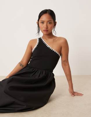 Sabrina one shoulder midi dress with crochet trim in black