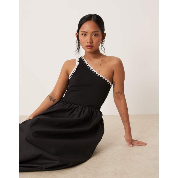 Nobody's Child Petite Sabrina one shoulder midi dress with crochet