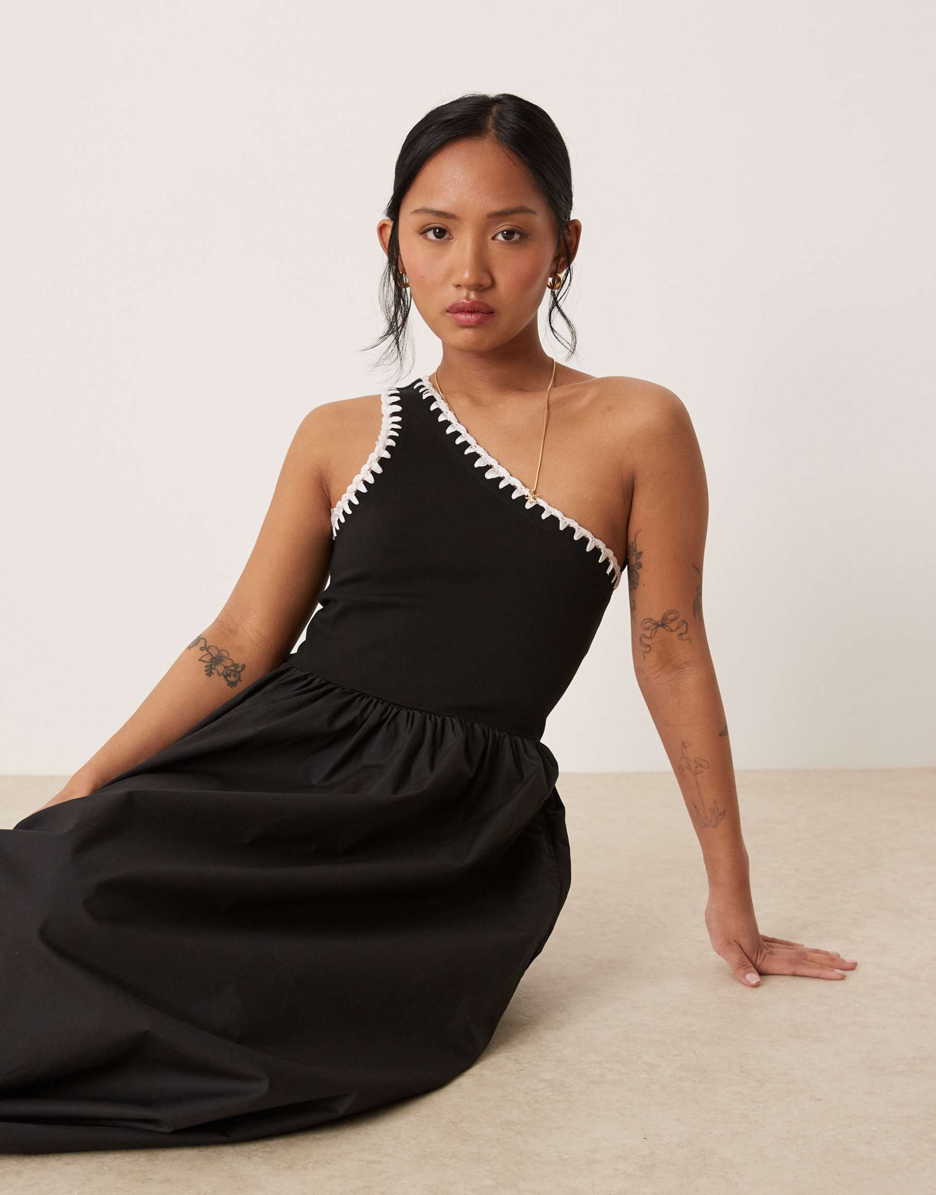 nobody's child petite sabrina one shoulder midi dress with crochet trim in black