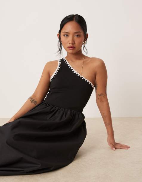 Nobody's Child Petite Sabrina one shoulder midi dress with crochet trim in black