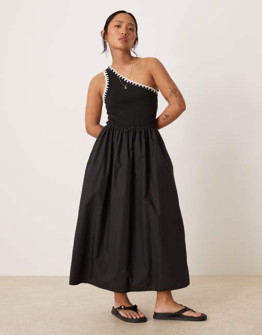 Nobody's Child Petite Sabrina one shoulder midi dress with crochet trim in  black | ASOS