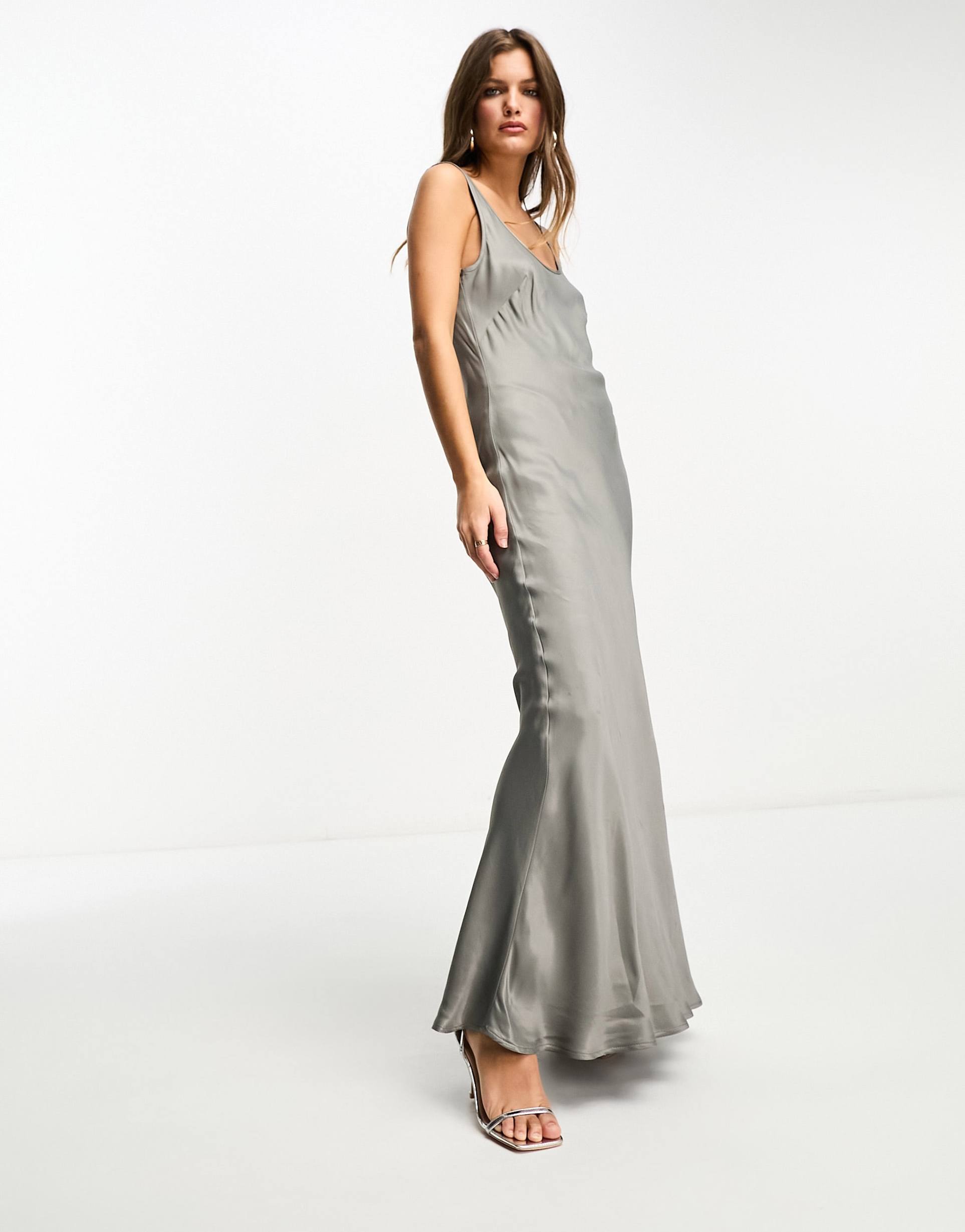 nobody's child petite satin maxi slip dress in silver