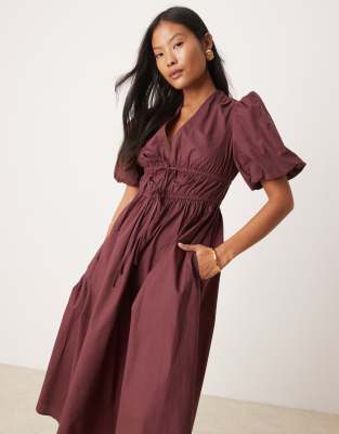 Scottie puff sleeve midi dress in plum-Purple