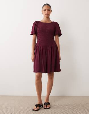 Nobody's Child Petite Shirred Bodice Puff Sleeve Mini Dress In Purple