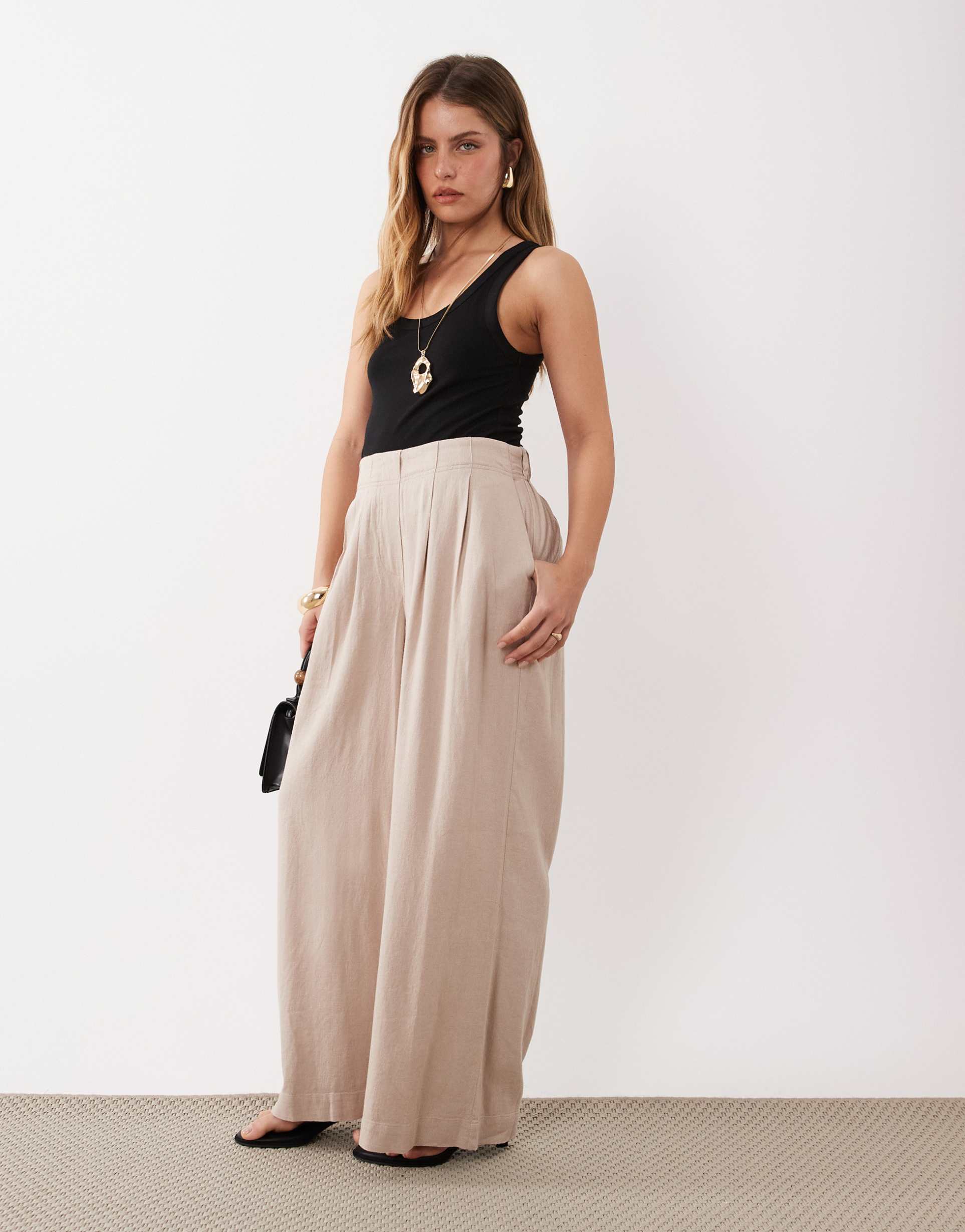 nobody's child petite silsoe linen blend elastic waist wide leg pants in beige