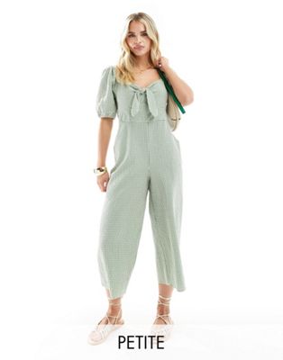 Nobody’s Child Petite Simone tie puff sleeve gingham jumpsuit in green