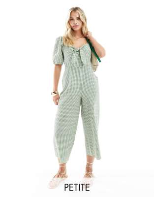 Nobody’s Child Petite Simone tie puff sleeve gingham jumpsuit in green