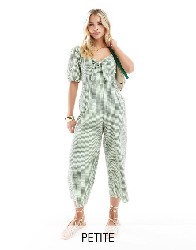 Nobody’s Child Petite - Nobody's Child Petite Simone tie puff sleeve gingham jumpsuit in green