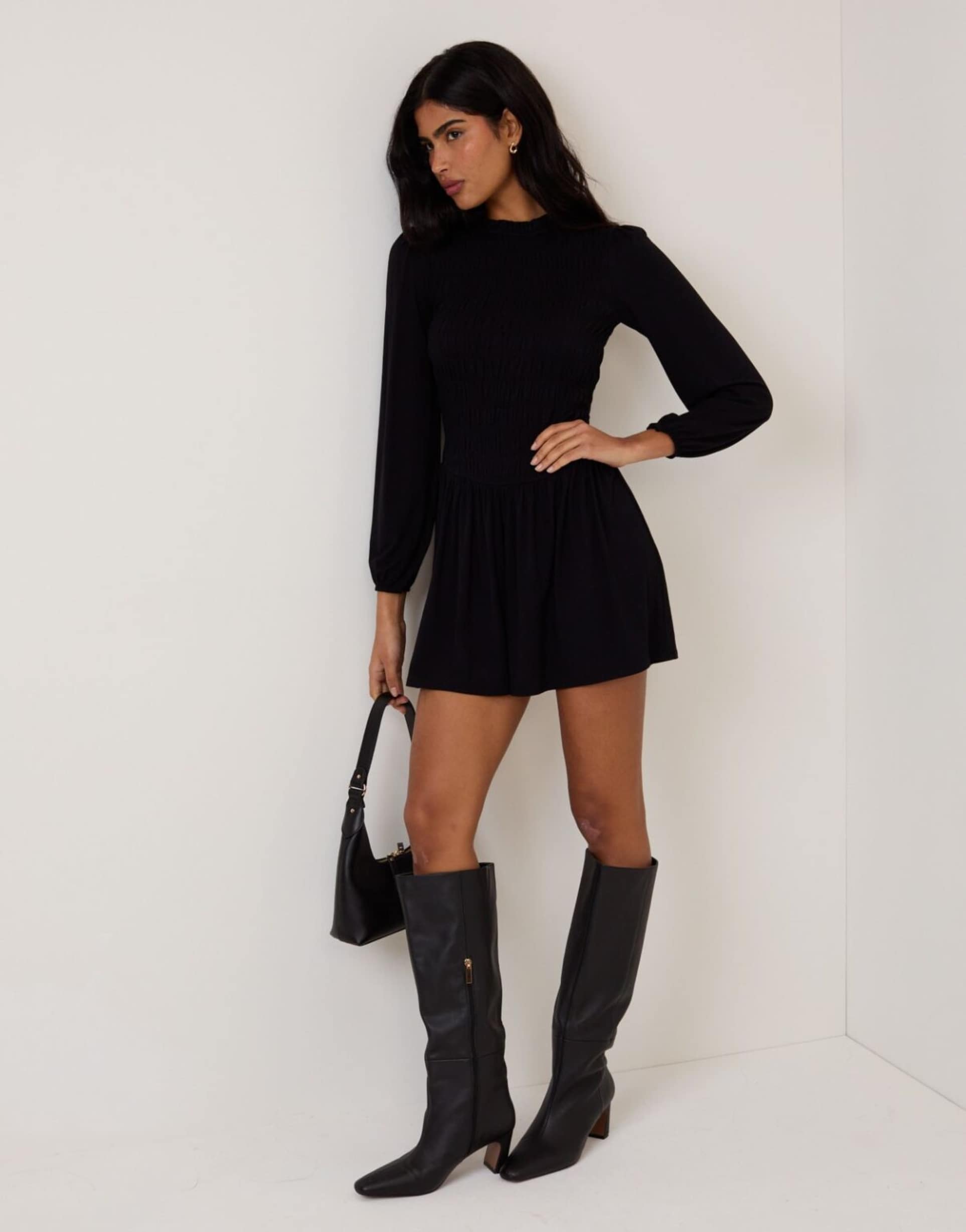 nobody's child petite siobhan shirred balloon sleeve mini dress in black