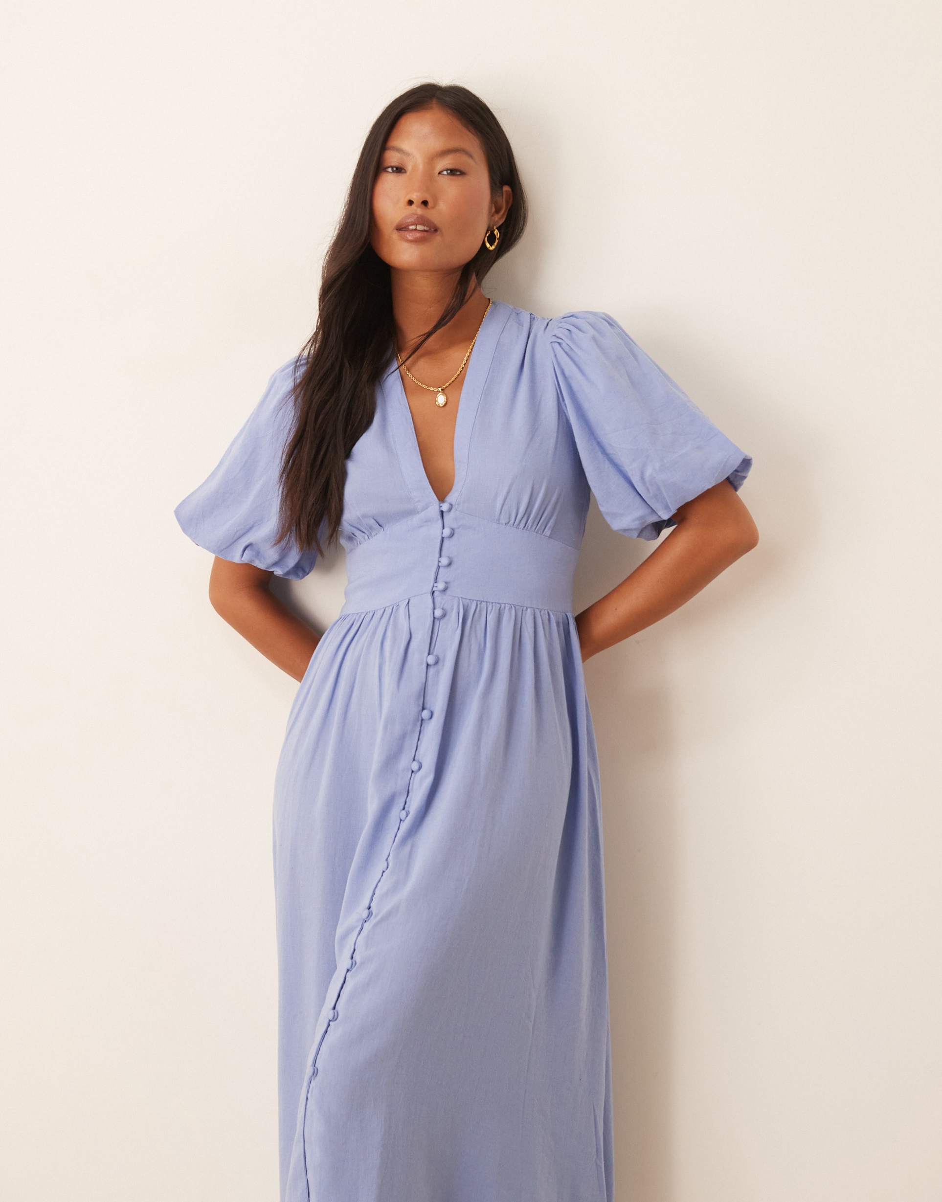 nobody's child petite starlight button front midi dress in blue