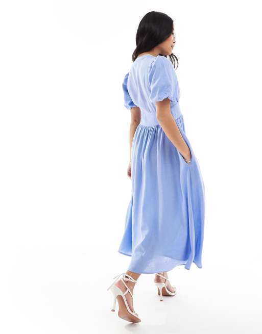 Nobody's Child Petite Starlight linen mix midi dress in blue | ASOS