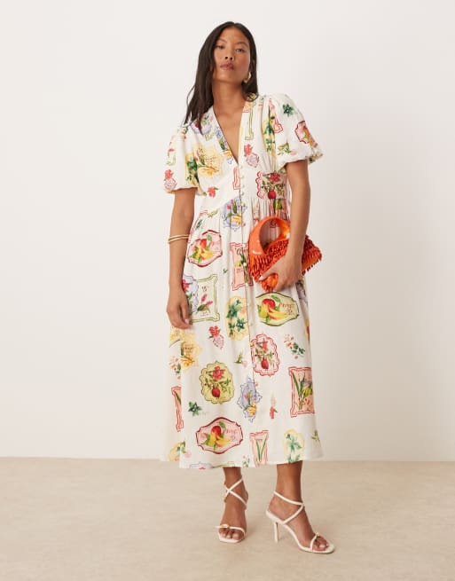 Nobody's Child Petite – Starlight – Midikleid mit Postkarten-Obstprint und Puffärmeln, 2 von 4