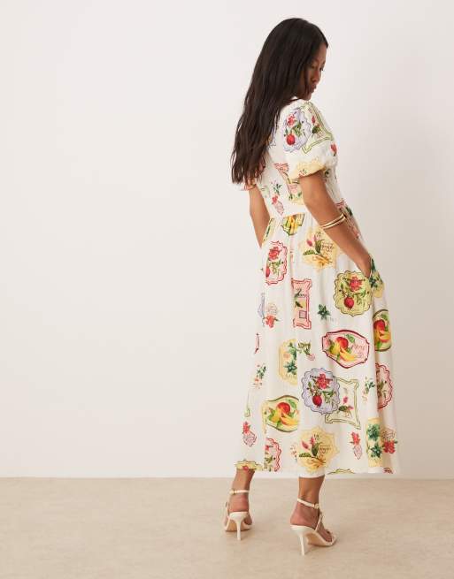 Nobody's Child Petite – Starlight – Midikleid mit Postkarten-Obstprint und Puffärmeln, 4 von 4