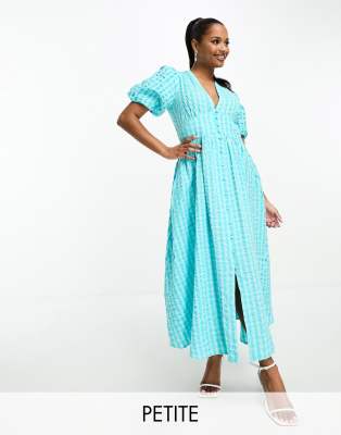 Nobody’s Child Petite Starlight puff sleeve midi dress in blue check