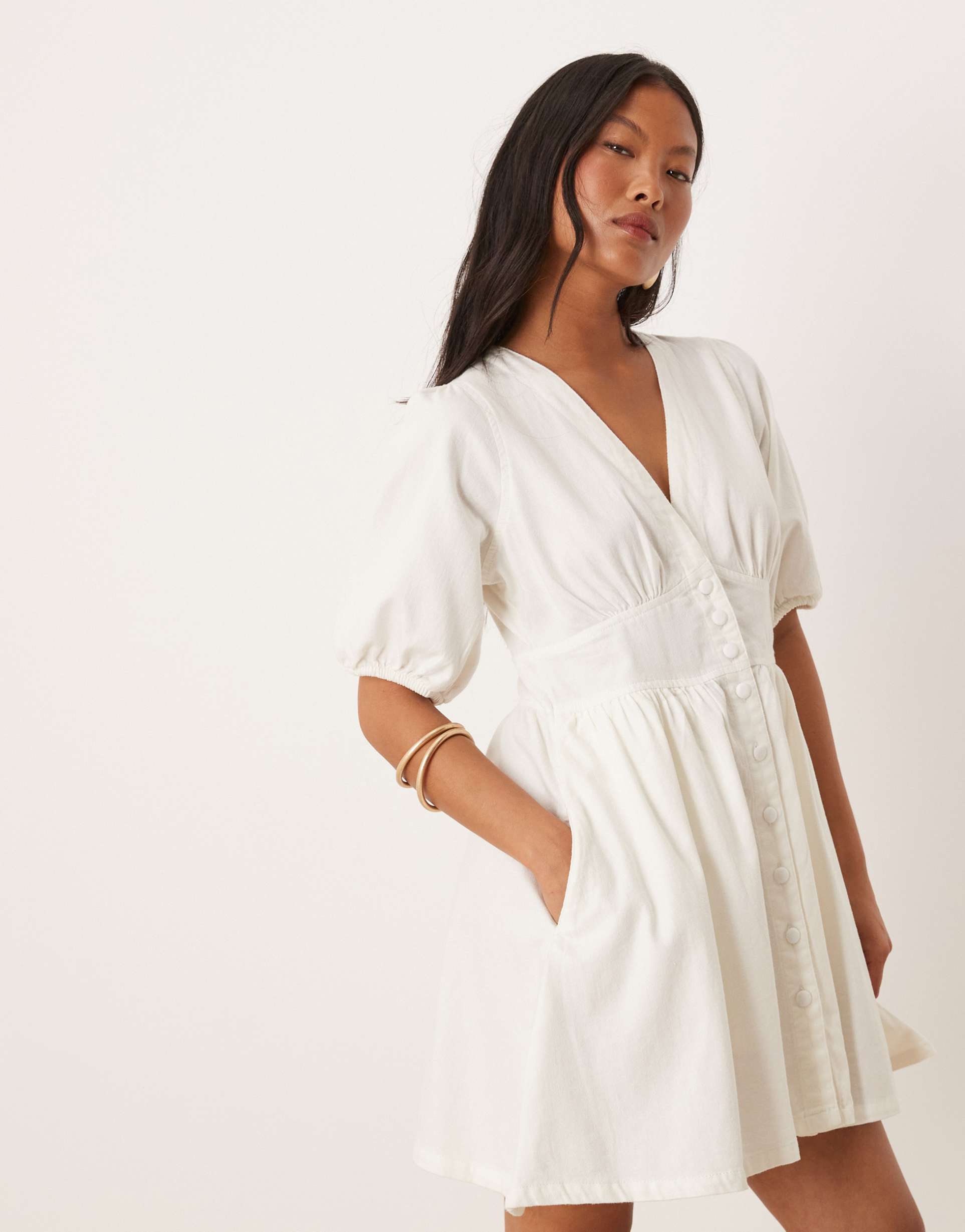 nobody's child petite starlight puff sleeve mini dress in white denim