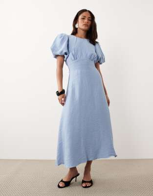 Nobody's Child Petite Symran Satin Slash Neck Puff Sleeve Midi Dress In Blue