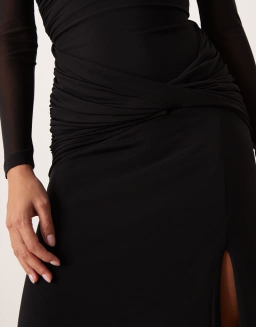 Nobody's Child Petite Tammy ruched drape midaxi dress in black, 3 of 4