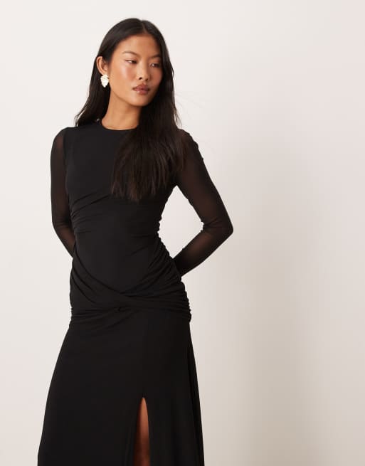 Nobody's Child Petite Tammy ruched drape midaxi dress in black, 4 of 4