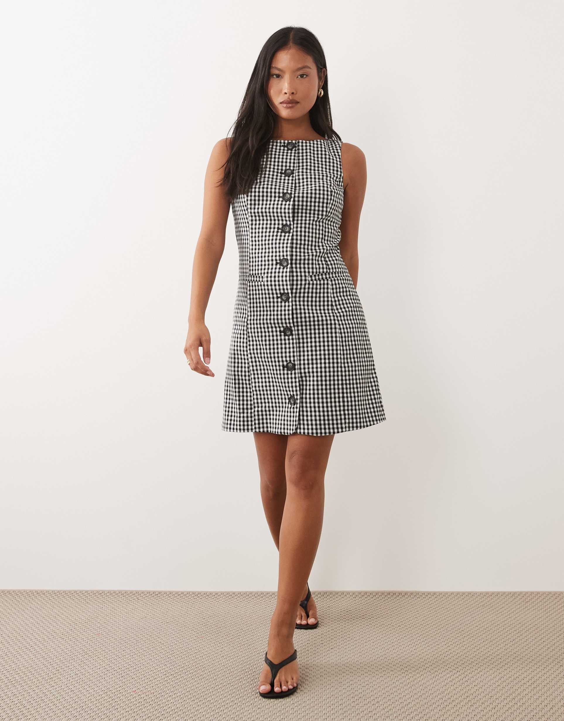 nobody's child petite theo slash neck tailored mini dress in black gingham