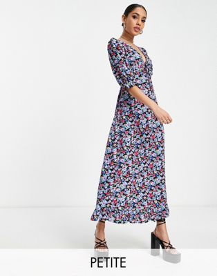 Nobody's Child Petite tie bust puff sleeve maxi dress in bright ditsy floral