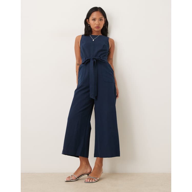 Nobody's Child Petite tie waist wide leg jumpsuit in navy | ASOS